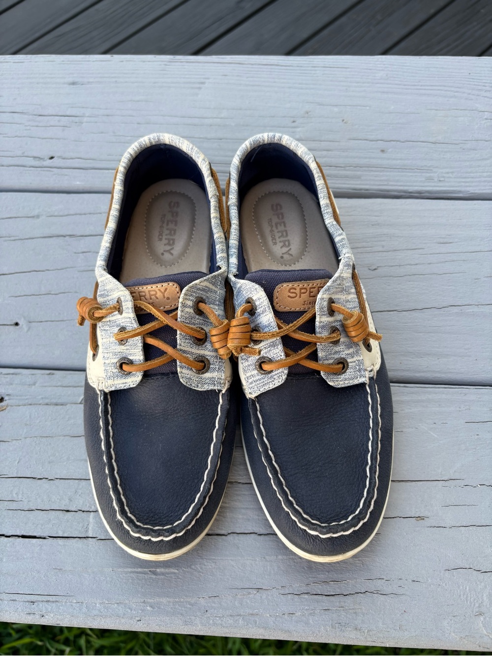 Sperry Navy and Tan Leather Canvas Boat Shoes